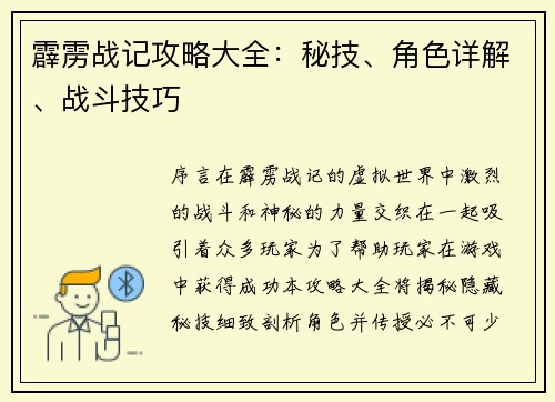 霹雳战记攻略大全：秘技、角色详解、战斗技巧